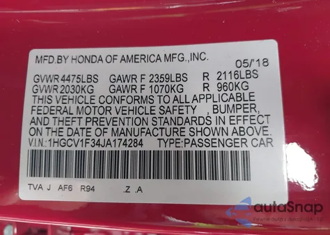 2018 Honda Accord Sport from USA, damaged, VIN 1HGCV1F34JA174284